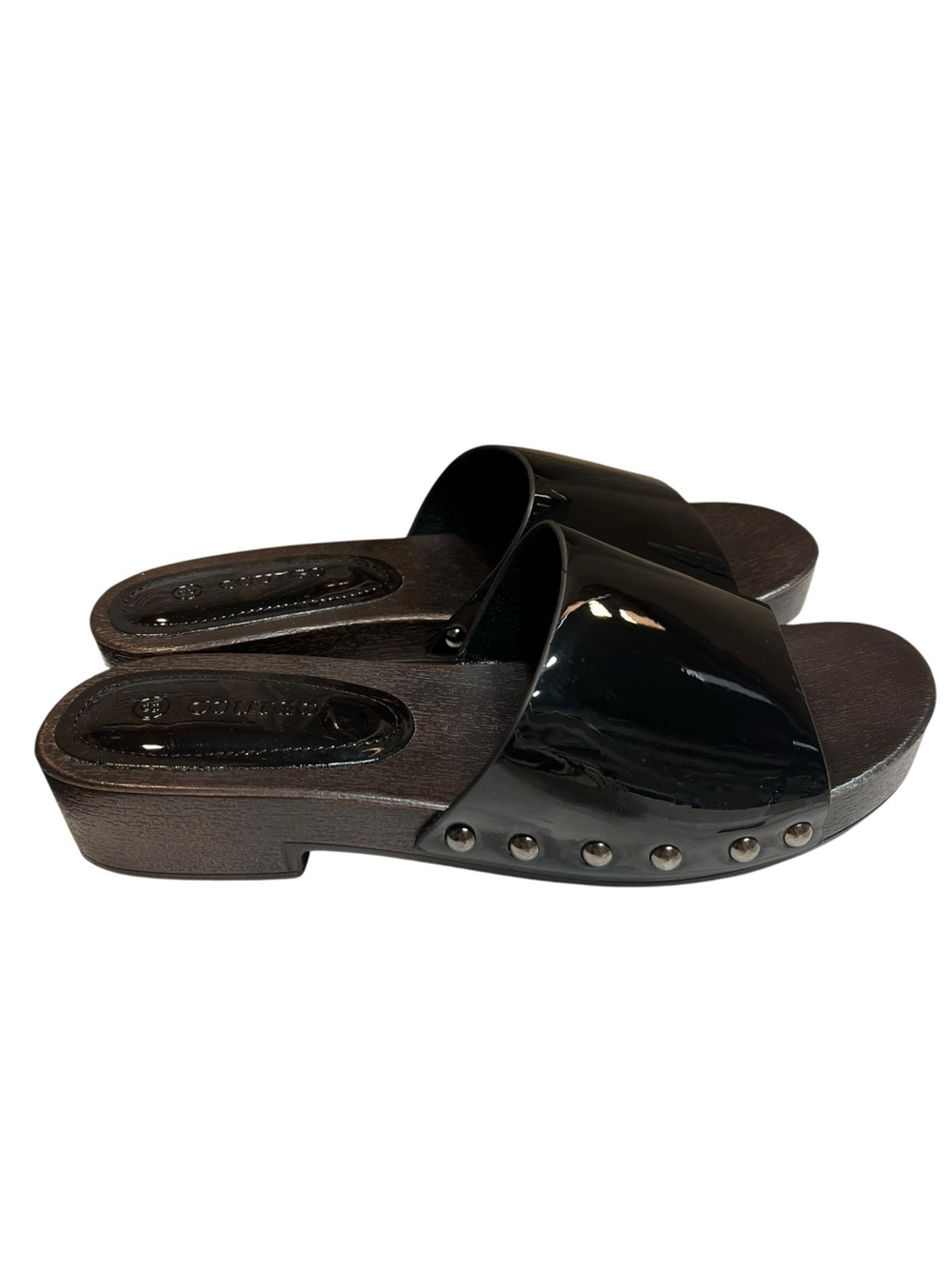 NWOT Black Patent Faux Leather Slide Sandals w/ Metal Studs - Size 8